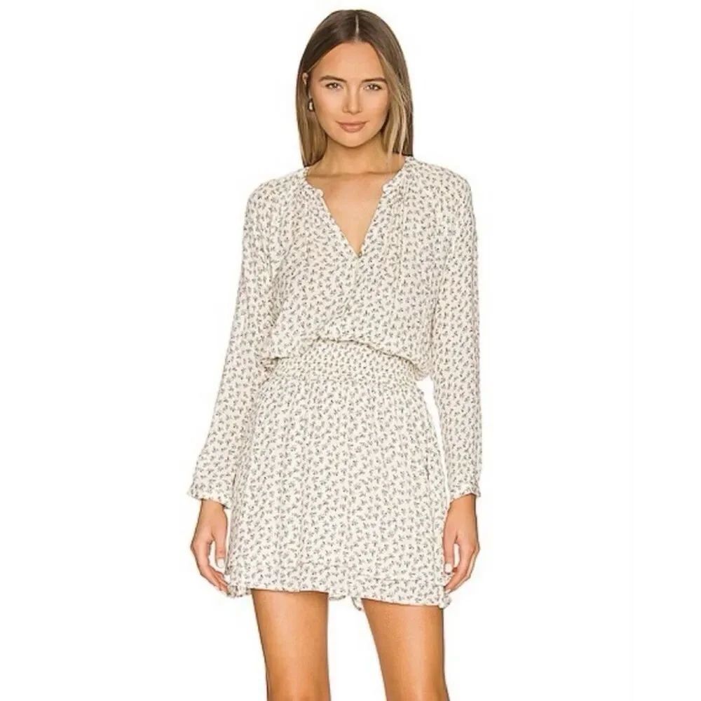 Rails Jasmine Petite Floral Mini Dress Sz L Cream Black Long Sleeve Boho Smocked